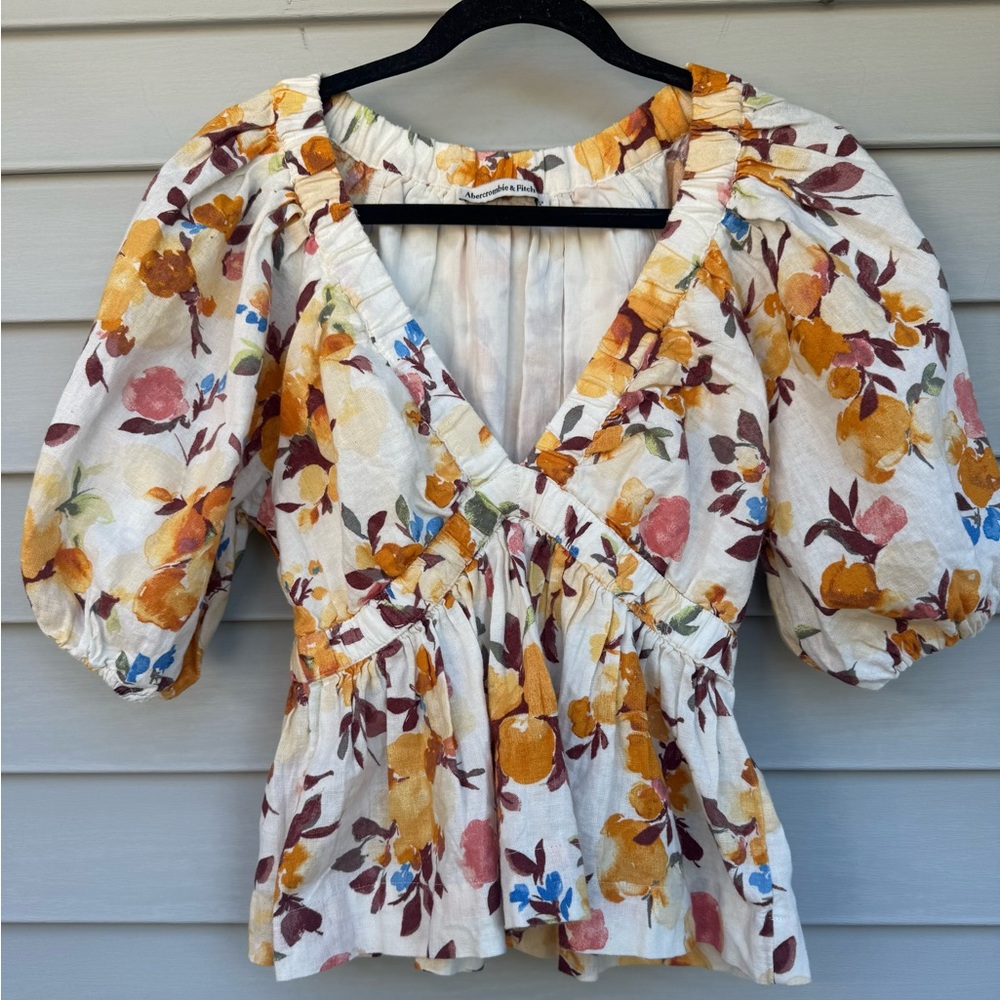 Abercrombie & Fitch Floral Linen Blend Peplum Blouse S Puff Sleeve Cottagecore - Picture 5 of 9